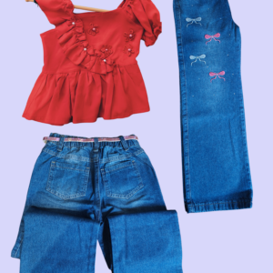 Set de 2 Piezas: Blusa Roja con Vuelos y Jean